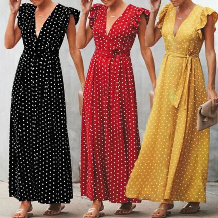 Femmes Boho robe longue sans manches à pois Ruffle Party V-COU Robe  Soirée_yel10393 Rouge - Achat / Vente robe - Soldes sur Cdiscount dès le 20  janvier ! Cdiscount