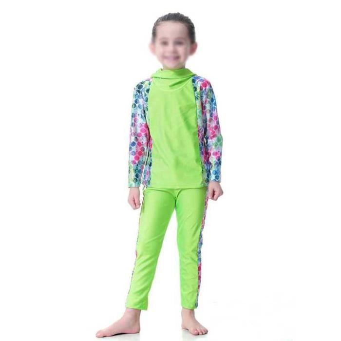 Maillot De Bain 2 Pièces Filles Anti-UV UPF 50+ Manches Longues Zippé - 3-11 Ans