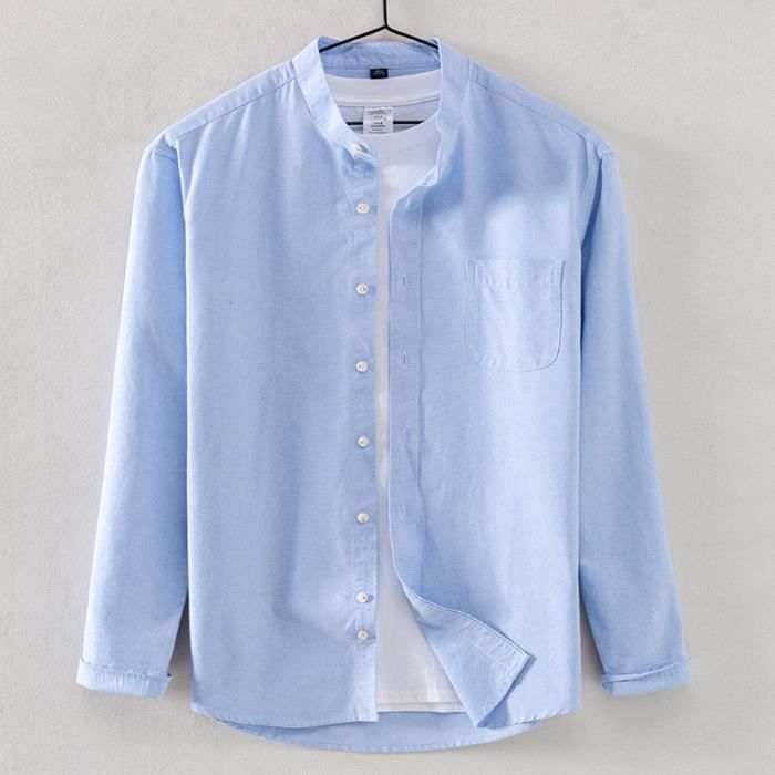 Chemise Homme été En Lin - Col Montant Manches Longues - Coupe Droite Rayures - Respirant Et Séchage Rapide - Blanc