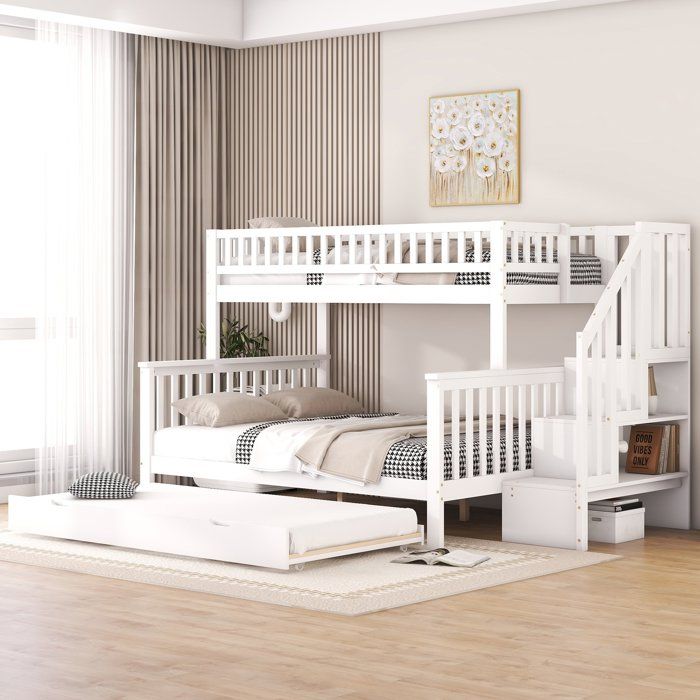 Lit superposé triple 90-140x200cm en pin avec 4 étagères de rangement lit gigogne 90x200cm sommier à lattes sans matelas blanc