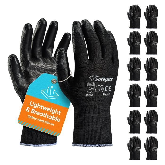 12 paires de gants de travail de sécurité enduits de PU noir, légers pour le jardinage, les constructeurs, le[S25]