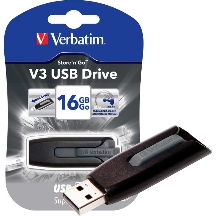 Clé USB V3 16Go - Store'n'Go - VERBATIM - Gris - USB 3.0 - 58x20x11mm