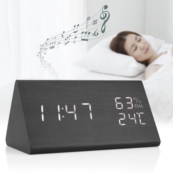 Lancoon Réveil Numérique En Bois - Affichage Heure, Date, Température, Humidité - Activation Sonore Et 3 Luminosités - Alimentation Piles/USB