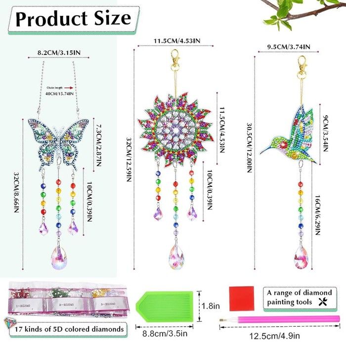 Kit De 6 Attrape-soleil En Diamant Painting 5D à Suspendre - DIY Carillons à Vent, Décorations Fenêtre Ou Jardin, Motifs Papillons, Cœurs, Lune...
