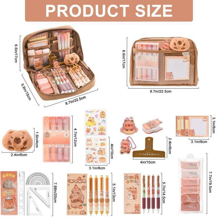 Trousse Capybara Kawaii – Set Papeterie Avec Stylos, Porte-clés, Autocollants – Fournitures Scolaires Mignonnes