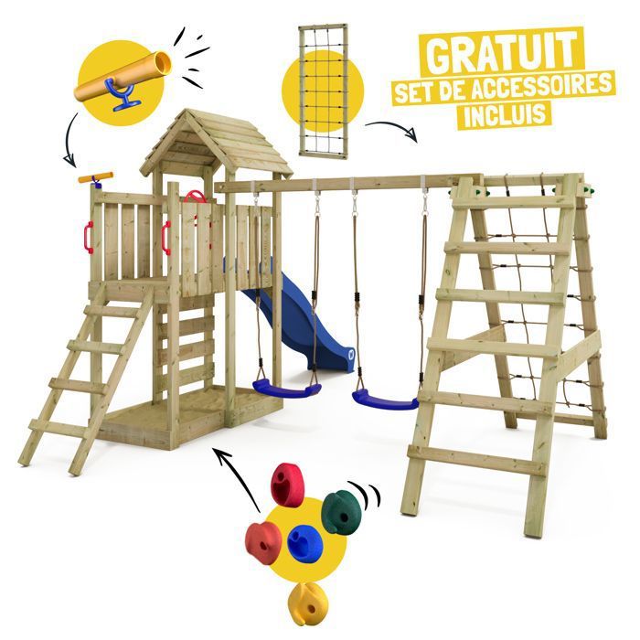 WICKEY Tour de Jeu Structure d'escalade château GateFlyer avec balançoire & Toboggan, Tour d'escalade extérieure pour Enfants avec bac à Sable, échelle & Accessoires de Jeu (Anthracite