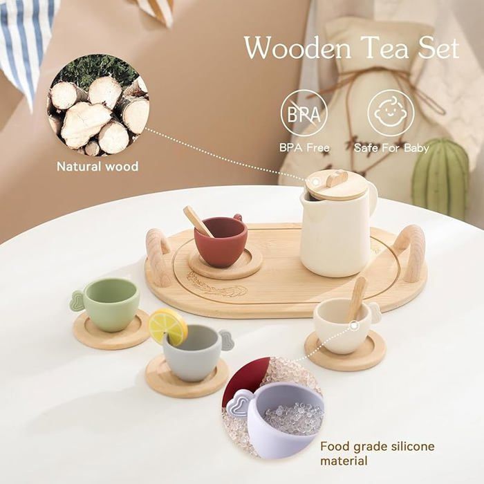 Service à Thé En Bois Et Silicone – 13 Pièces – Tasses, Théière, Plateau, Cuillères – Jeu De Rôle 1:1 – Dès 3 Ans – Cadeau Filles Et Garçons