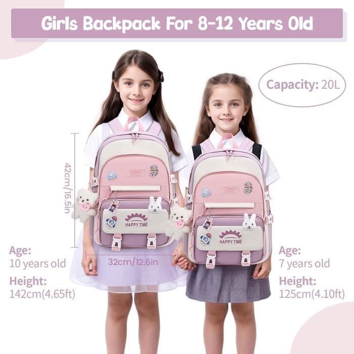 Cartable Fille Primaire Marque Sac a Dos Scolaire Leger Impermeable en Nylon Rose
