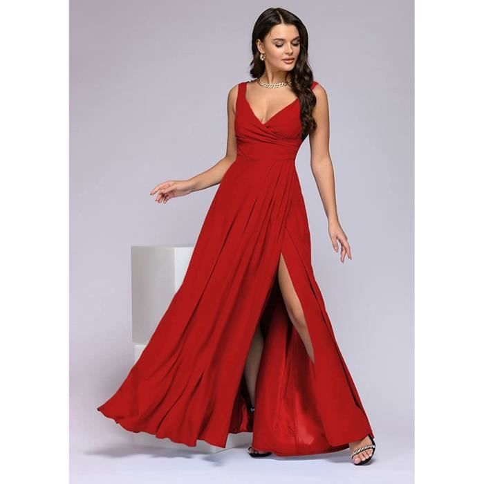 Femme Robe de Soiree Profond Col en V Longue Robe Plissee Taille Haute Club Party Soiree Robe de Couleur Unie Maxi Robe Rouge Rouge Cdiscount Pret a Porter