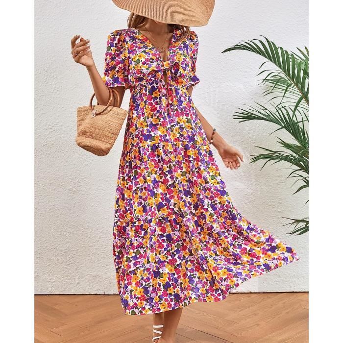 Robe Longues Femmes Ete Casual Robe Longue Fleurie Col en V Noueur Robe Chic Courtes A Ligne Plage Maxi Robes Jaune Violet Jaune violet Cdiscount Pret a Porter