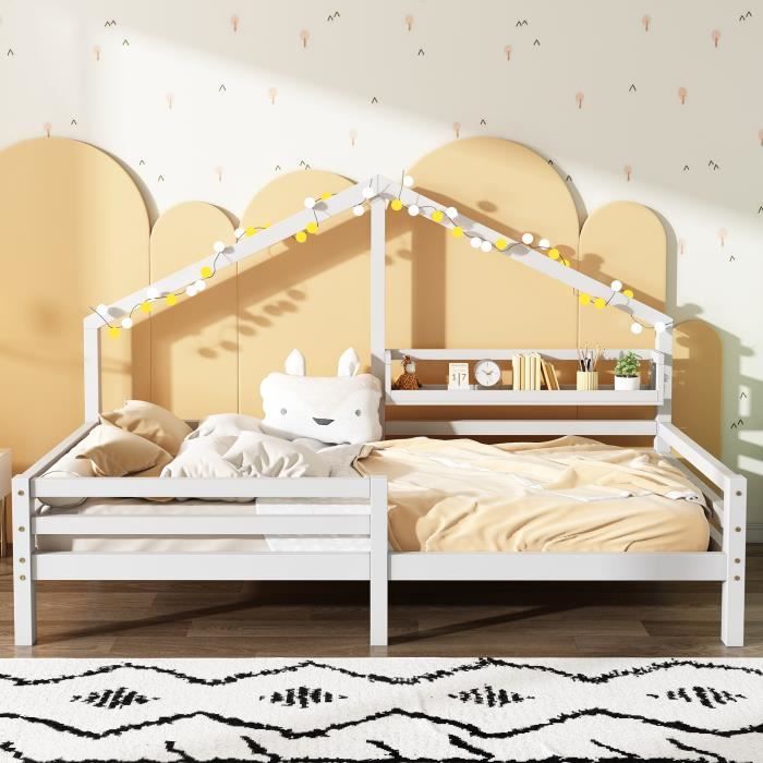 Lit tipi 90 x 200cm avec barrière et tiroir de lit bois massif - bois de  pin/blanc