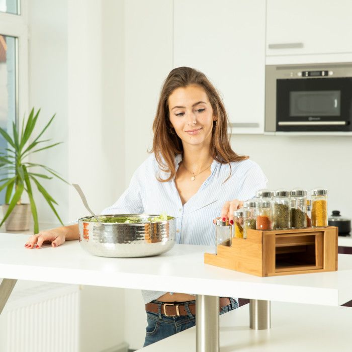 étagère Extensible Cuisine Étagère à épices Bambou Relaxdays - 3 Niveaux Extensible 9x38x22cm Organiseur épices Sel Poivre