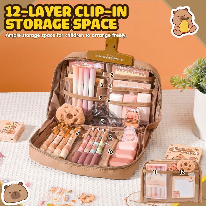 Flanliy Capybara Papeterie Set De 54 Pièces Trousse Esthétique Avec Stylos Clips Règles Coffret Cadeau Enfant