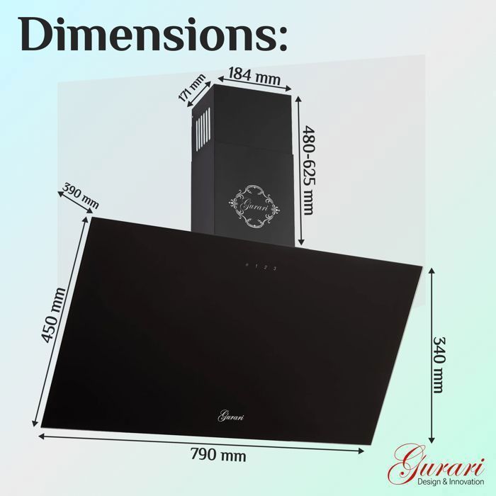 Hotte Murale Inclinée 80 Cm GURARI GCH 286 BL Prime - 1000 M³/h, Verre Noir, Touch Control - Classe A