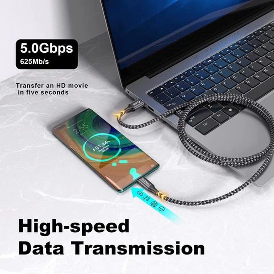 Câble USB-A Vers USB-C Tressé Nylon - 1m, 60W PD, Bleu - NEUF