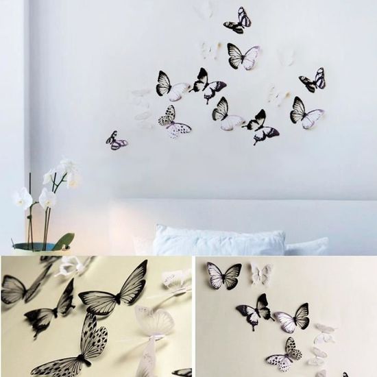 18pcs Papillons 3D PVC Stickers Muraux Noir Et Blanc Art Decal Accueil  DéCoration Fenêtre - Cdiscount Maison