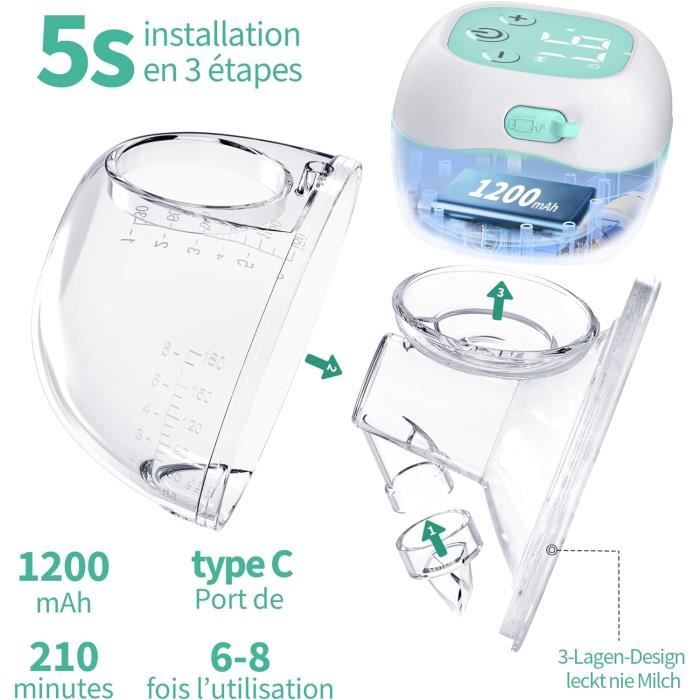 Jheppbay Tire Lait électrique Mains Libre – Double Pompe Sans BPA, 3 Modes, 12 Niveaux, Biberon Amovible, Brides 17/19/21/24 Mm, Lot De 2