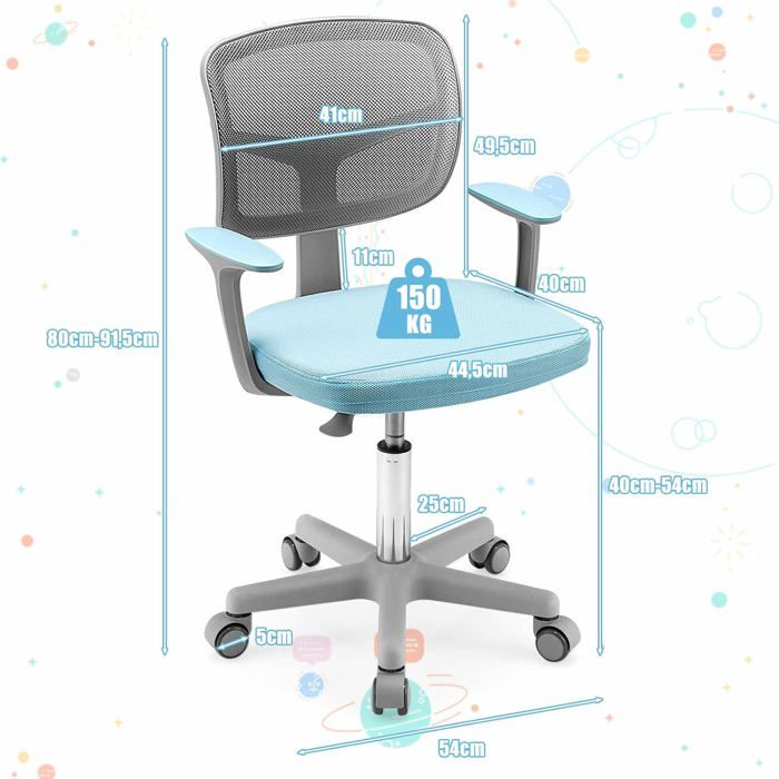 Chaise De Bureau Enfant Giratoire Avec Coussin Velours - Siège Pivotant 360° Et Réglable En Hauteur | Pour Chambre Et Bureau (Bleu)