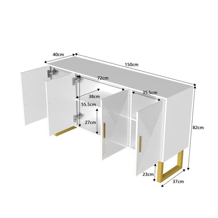 Buffet 4 Portes Blanc Minimaliste – Meuble Rangement Avec Étagères Réglables Et Base Métal