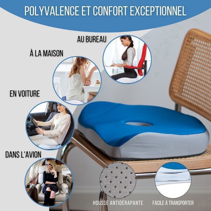 Coussin Orthopédique Siège Bureau - Mousse Mémoire Forme - Découpe Coccyx - Housse Amovible - Pour Chaise, Voiture, Fauteuil Roulant