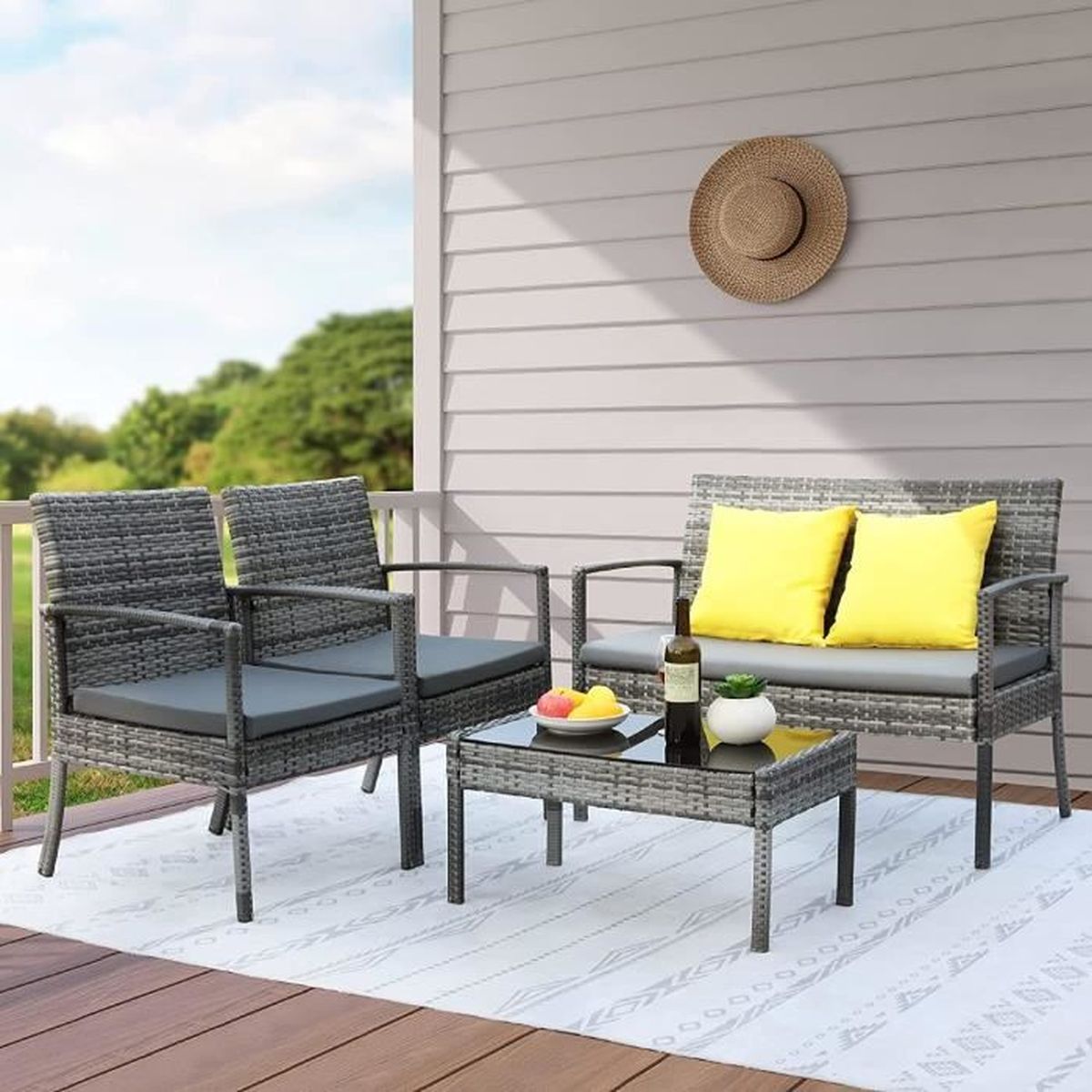 6 Places Ensemble De Meubles De Jardin En Rotin Canapé Chaise Table De Foyer A Gaz Set
