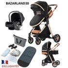 BAZARLAND30.Poussette 3 en 1 Bébé Combinée Siège-Auto Nacelle Trio Réversible Réglable Haute Qualité Roues increvables Canne noir
