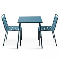 Table de jardin carrée et 2 chaises acier bleu pacific