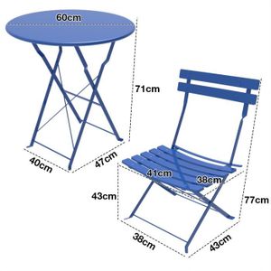 Ensemble table et chaise de jardin Ensemble table chaise de jardin - Marque - Table ronde 60 cm - 2 chaises - Acier thermolaqué - Bleu foncé