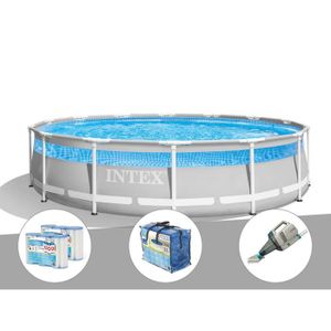 PISCINE Kit piscine tubulaire Intex Prism Frame Clearview ronde 4,27 x 1,07 m + 6 cartouches de filtration + Bâche à bulles + Aspirateur