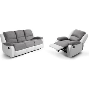 ENSEMBLE CANAPES Canapé relaxation manuel LEO 3 pl + fauteuil en microfibre et simili - Gris/Blanc - LOUNGITUDE