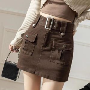 JUPE Mini jupe taille haute de style coréen pour femmes avec ceinture,culotte courte,streetwear Y2K,grandes poches,jupes [E617070527]