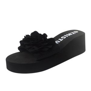 CHAUSSON - PANTOUFLE lukcolor Pente fleurie à semelle épaisse pour femme avec chaussons de plage à un mot ZMISTUO à talons hauts Noir