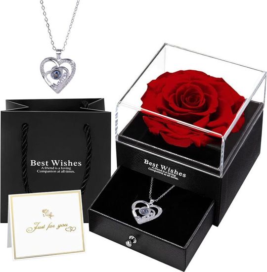 Rose Éternelle Avec Collier Cœur - Boîte Cadeau Acrylique Fleurs Violettes, Coffret Luxe Pour Saint-Valentin, Anniversaire, Fête Des Mères