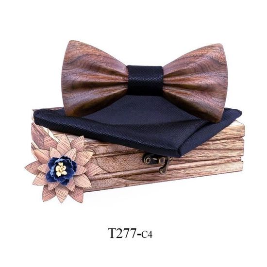Set Noeud Papillon Bois RQPYQF - Avec Boutons Manchette + Carré Poche + Broche - Cadeau Mariage Homme
