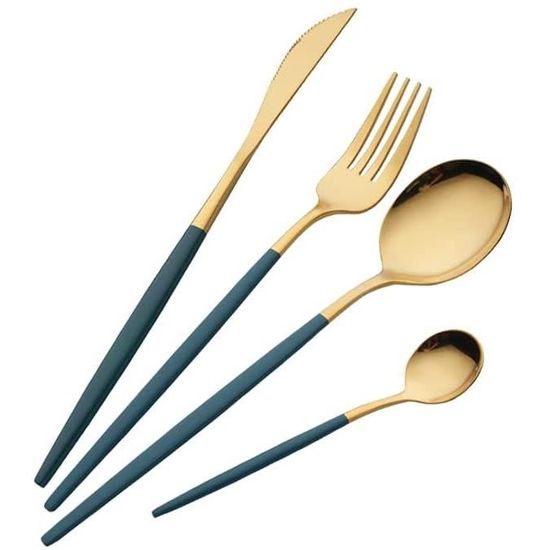 Set De Couverts 16 Pièces Or Et Vert - Acier Inox Pour 4 Personnes | Couteaux/fourchettes/cuillères