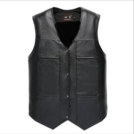 Veste Homme en Cuir Sans Manches Moto Biker Vest Gilet Rocker