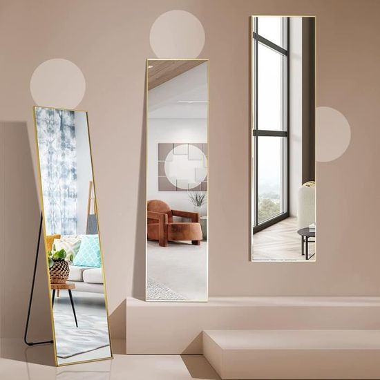 Miroir Sur Pied LED 155x37 Cm - éclairage 3 Couleurs Réglable, Cadre Aluminium Doré, Antidéflagrant, Pour Chambre Ou Dressing