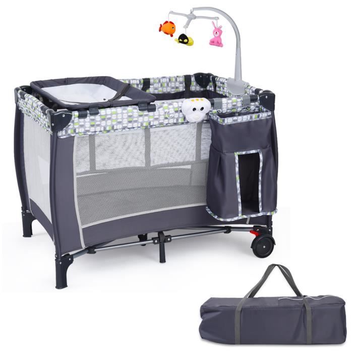 COSTWAY Lit Parapluie Bébé Pliant avec Matelas pour 0-36Mois,Lit de Vayage avec Table à Langer ,2 Roues avec Freins Accessoires Gris