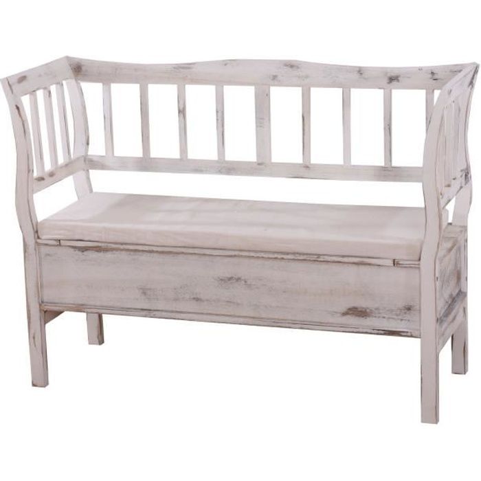 Banc banquette de rangement T207 bahut coffre avec coussin ~ bois blanc shabby chic