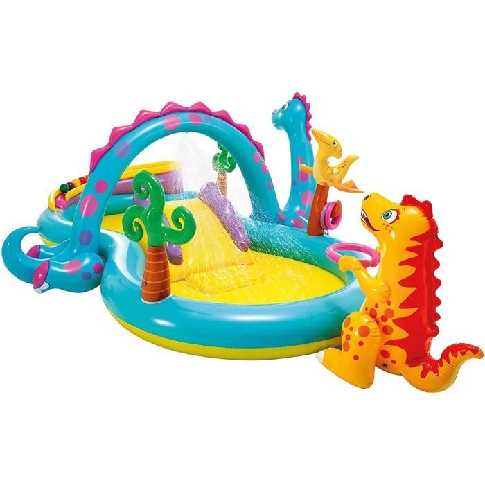 intex-57135np centre de jeu aquatique gonflable dinoland play center, modèle assorti (avec et sans volcan), multicolore, 333x229x112