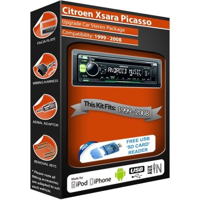 Citroen Xsara Picasso car stereo radio, Kenwood CD MP3 Player with Front USB AUX