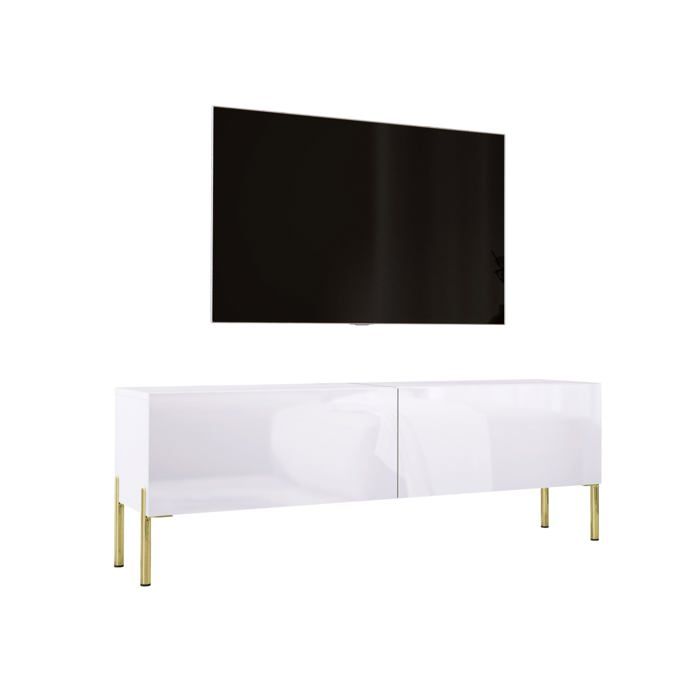 Meuble TV en couleur Blanc mat / Blanc brillant avec pieds droits en or D: L: 140 cm H : 52 cm P : 32 cm.