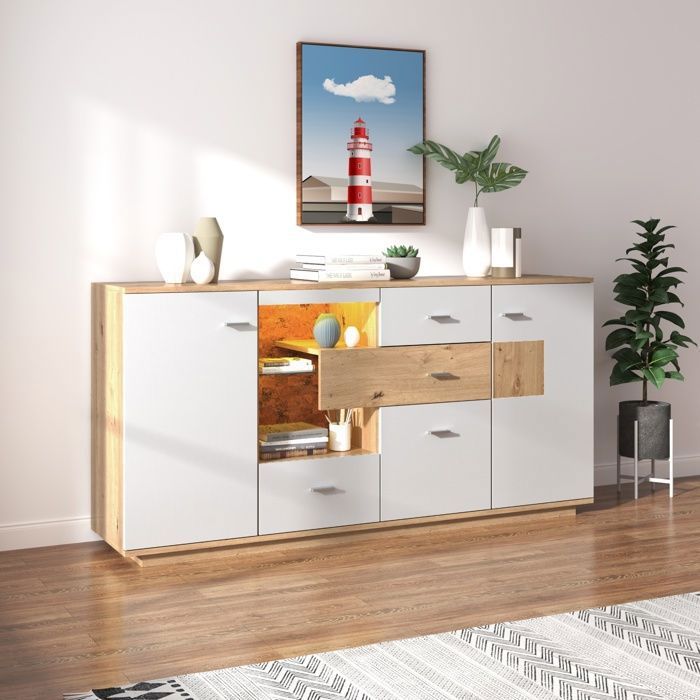 Buffet moderne 160x40x77cm Meuble de salon avec Eclairage LED 2 Portes 4 Tiroirs 2 compartiments pour Salon Cuisine -blanc