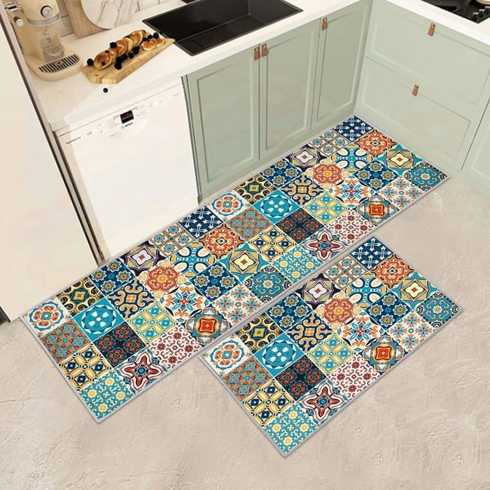 PQCXXA Lot De 2 Tapis Cuisine Antidérapant Lavable,Tapis De Cuisine,Tapi Cuisin Antiderapant Pour Couloir,Salle à Manger,Entrée Et Tapis De Porte (D3, 43x150cm+43x75cm