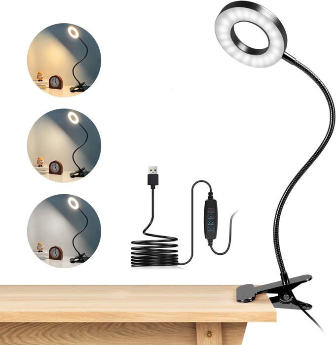 48 LED Clip Desk Lamp Clip-on Reading Lamp 3 Lighting Modes & 10 Brightness Levels USB Led Desk Lamp for Study and Work Black