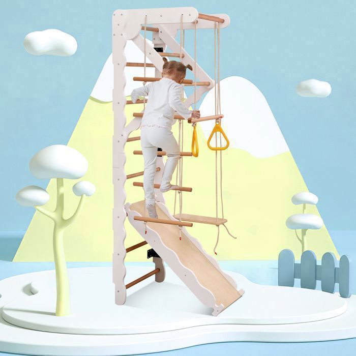 Aire de Jeux Intérieure SucceBuy en Bois 4-en-1, avec Planche d'Escalade, Toboggan, Échelle en