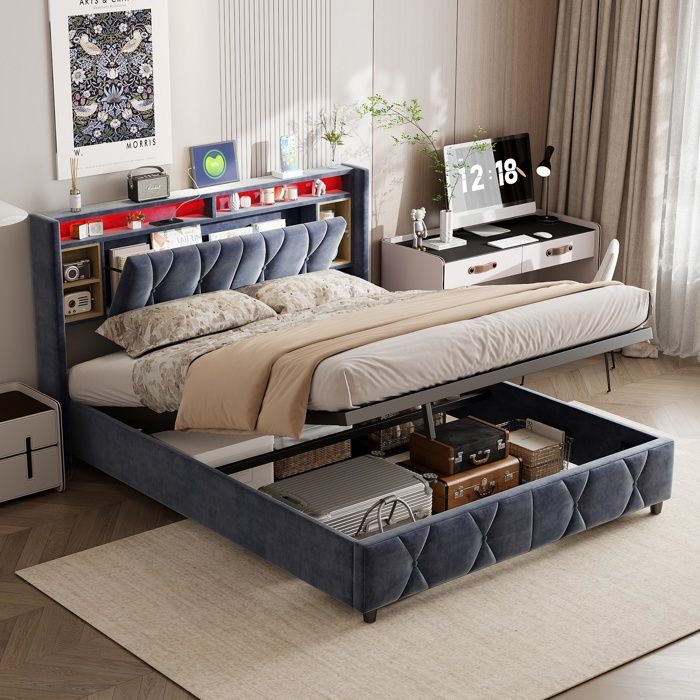 Lit coffre 140x200 cm lit double compris sommier à lattes et tête de lit avec LED et Rangement pour adulte et jeune gris