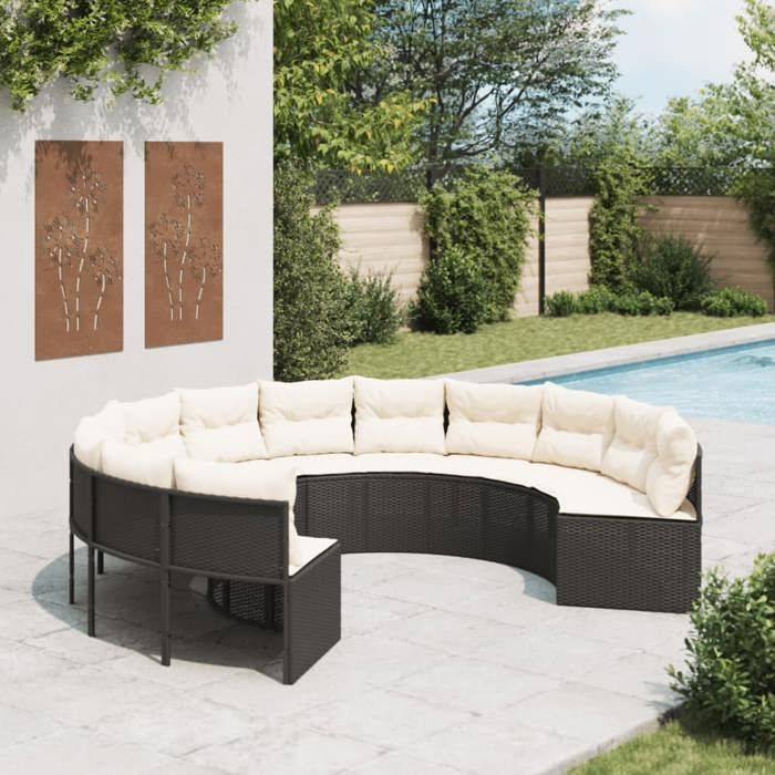 vidaXL Canapé de jardin avec coussins rond noir résine tressée canapé d’extérieur canapé de forme ronde canapé de jardin 3318540