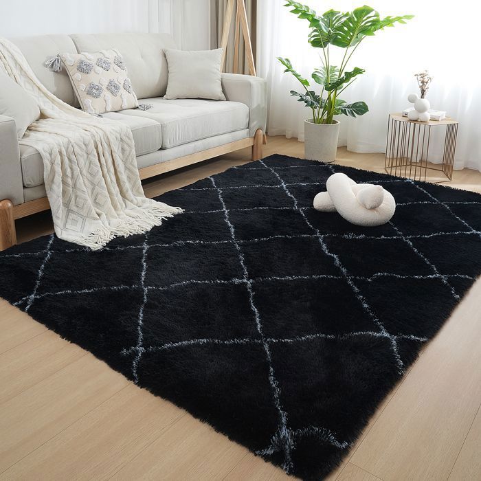 Tapis Salon Shaggy 160 x 230cm Descente de lit Chambre Grande Taille Tapis Moelleux Noir Style Moderne pour Salon Chambre Canapé