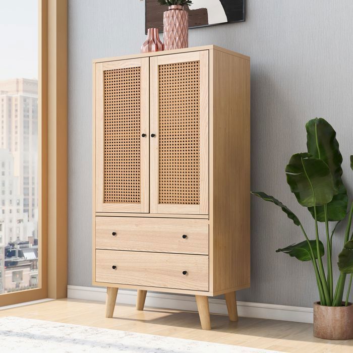 Buffet en Rotin Commode avec 2 Portes et 2 Tiroirs Buffet Haut avec Grand Espace de Rangement Armoire polyvalente 60x40x120cm